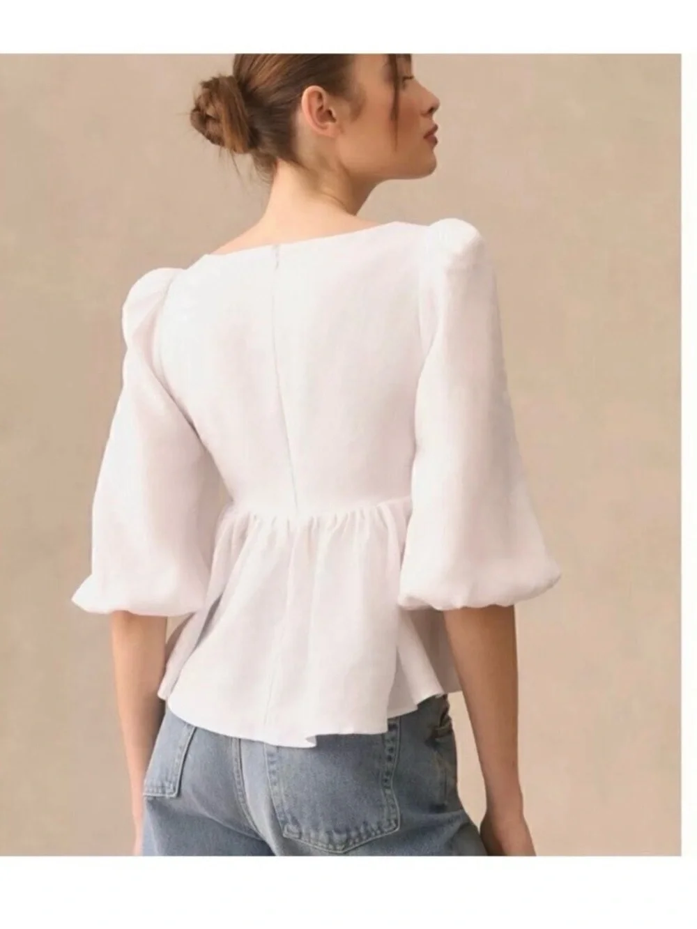 Reformation White Lace-Up Peplum Puff Sleeve Blouse